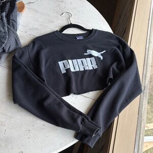 Jerzees Black Cropped Crewneck with Silver Purr Graphic